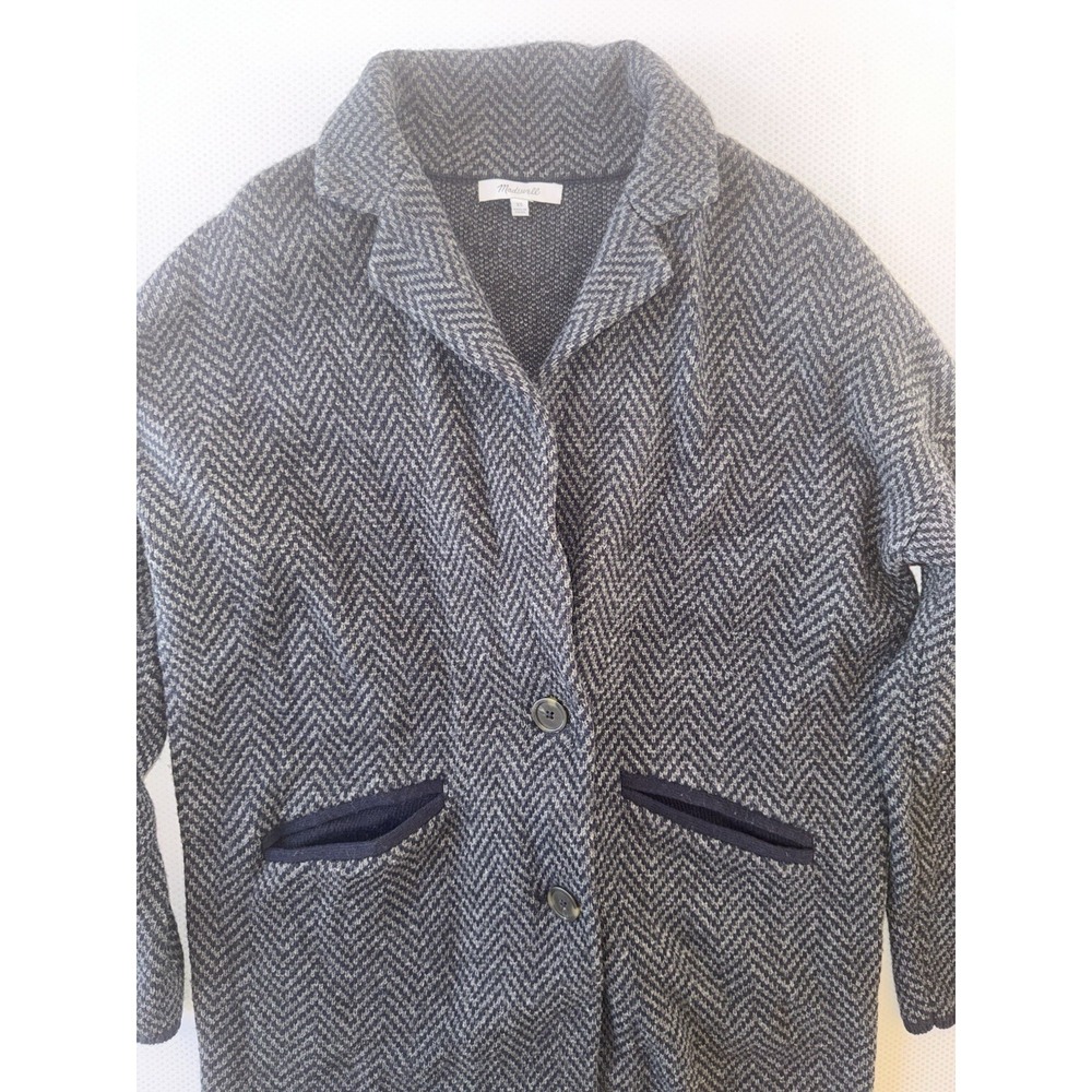 Madewell Blazer Sweater‎ Jacket Womens XS Blue Herringbone Wool Blend Cardigan - Picture 3 of 10